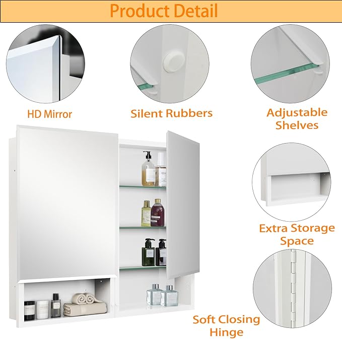 Medicine Cabinet with Mirror, 32x26 Inch Bathroom Mirrored Cabinet with Double Doors, Extra Storage Space, Bevel Mirror Wall Cabinet, Recessed or Surface Mount