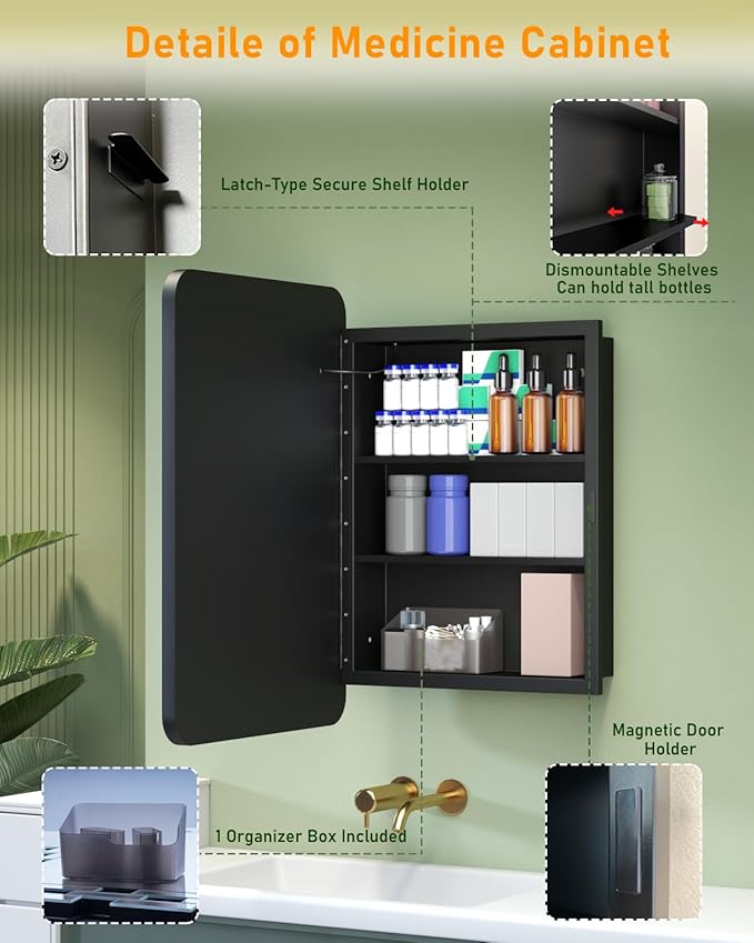16x24 Inch LED Medicine Cabinet Mirror for Bathroom, Wall Mounted or Recessed Medicine Cabinet with Lights and Mirror, Full Metal, Stable & Removable 2 Shelves, Dimmable 3 Lighting Colors, Black