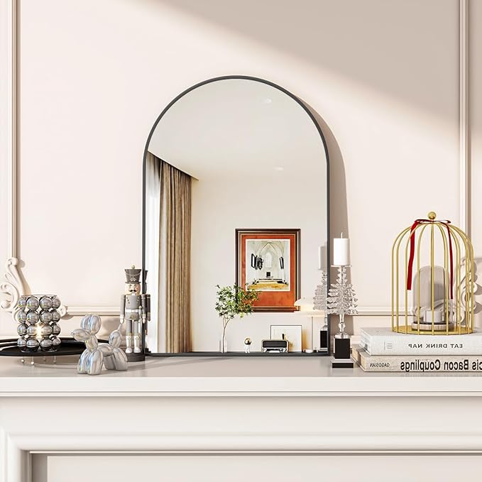 VooBang Arched Wall Mirror, 20 x 30 inch Arch Bathroom Mirror, Wall Mounted Vanity Mirror with Arch Metal Frame, Modern Bathroom Vanity Mirror for Bedroom, Living Room, Hanging or Leaning, Black