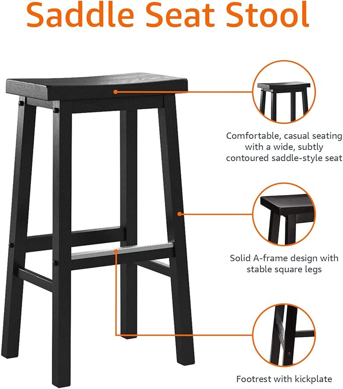 Amazon Basics Solid Wood Saddle-Seat Counter Height Bar Stools for Kitchen Island and Home Bar with Footrest, 29-Inch Height, Black, Set of 2