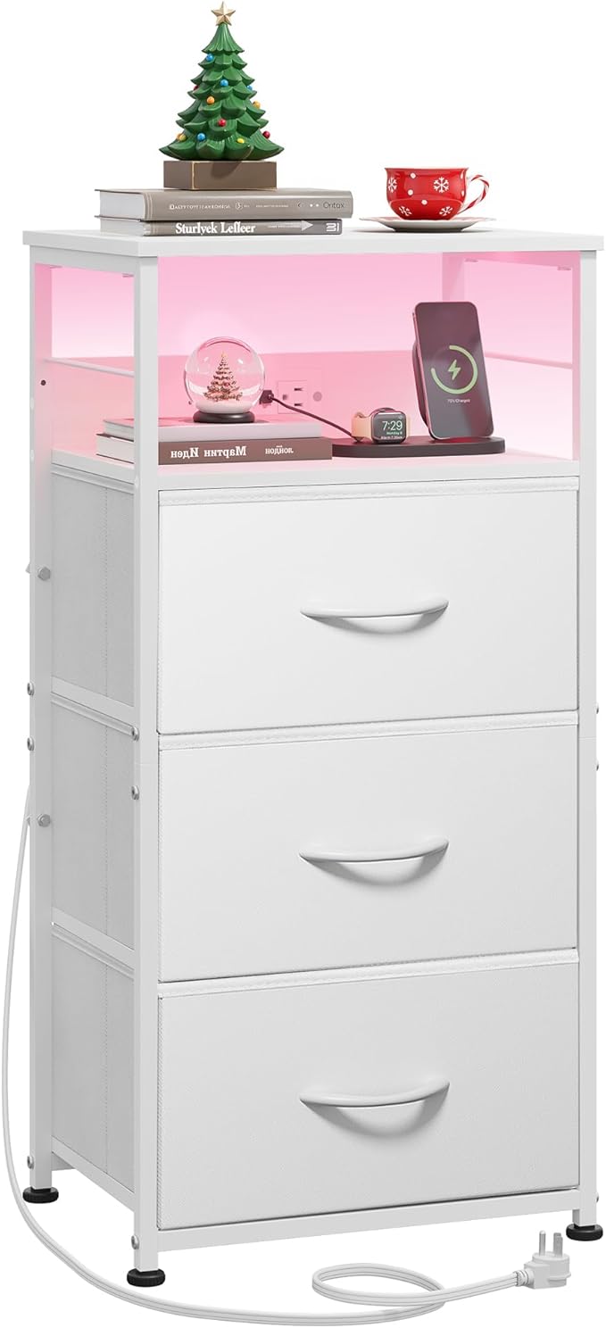 WLIVE Nightstand with Charging Station, 31.9" H Nightstand with 3 Fabric Drawers, LED Bedside Table with USB Ports and Outlets, End Table for Dorm, Bedroom, Entryway, White