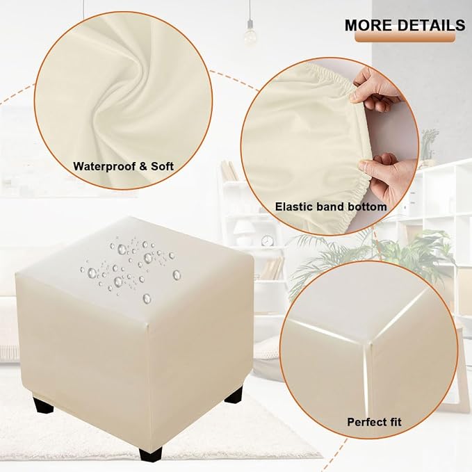 Waterproof Ottoman Cover Square Stretch PU Soft Folding Storage Ottoman Cover with Elastic Bottom Cube Footrest Foot Stool Slipcovers Machine Washable(Medium/Ivory)