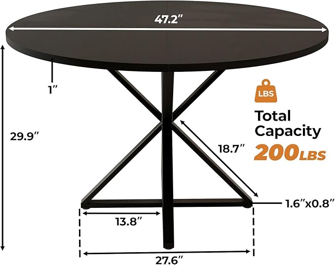GarveeHome 47 Inch Round Dining Table for 4-6, Circle Kitchen Table with Pedestal Base, Farmhouse Wooden Dining Table for Small Spaces, Kitchen & Dining Room, Living Room-Black/Only Table