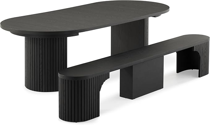 Transformer Table - Solid Wood Extendable Round Dining Table Set with Bench, Seats 4-10, Extendable Round Dining Set, Seat with Hidden Panel Storage, Black (Table + Bench)