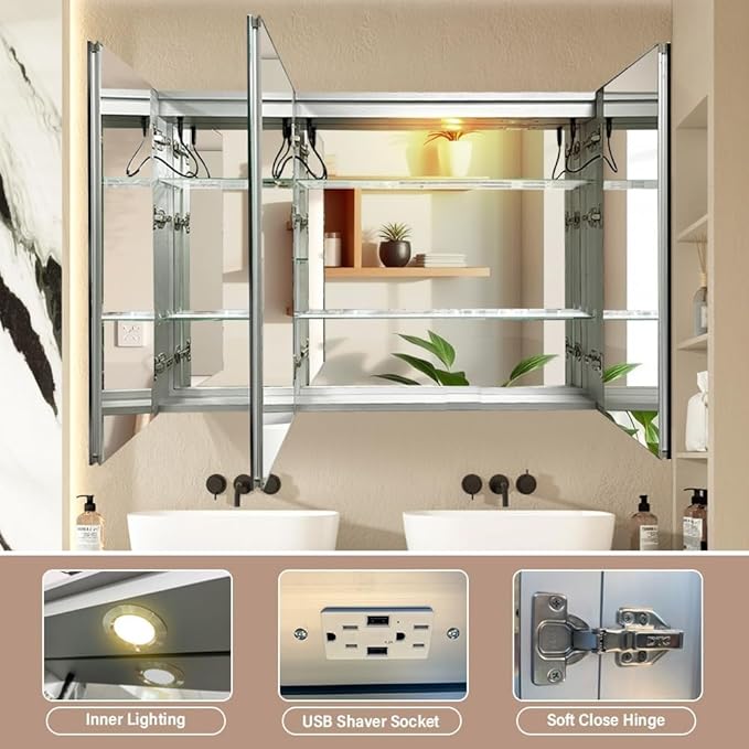 LED Medicine Cabinet,Bathroom Mirror Cabinet with Lights,48×32inch,Equip with Internal Light,Aluminum Construction,USB Shaver Socket,3 Color,Dimmer,Demister,Surface Mounted and Recess Mounted