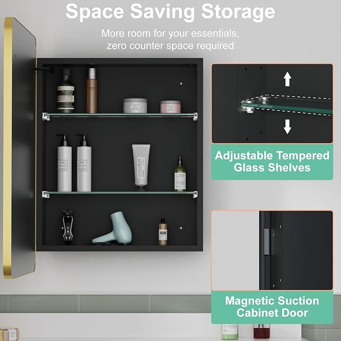 Medicine Cabinet with Mirror and Lights, 16x28 Inch Wall or Recessed Mounted LED Bathroom Medicine Cabinet, Defogger, Storage Shelf, 3 Color Dimmable Light with Memory Function, Gold