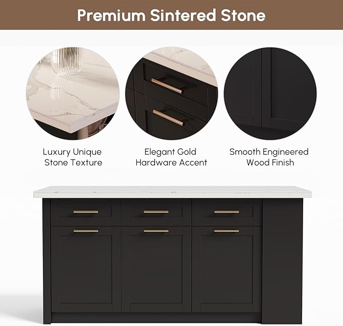 homary 72" Kitchen Island with Storage Large Kitchen Cabinet with Drawers Black & Sintered Stone Top Island Table for Dining Room