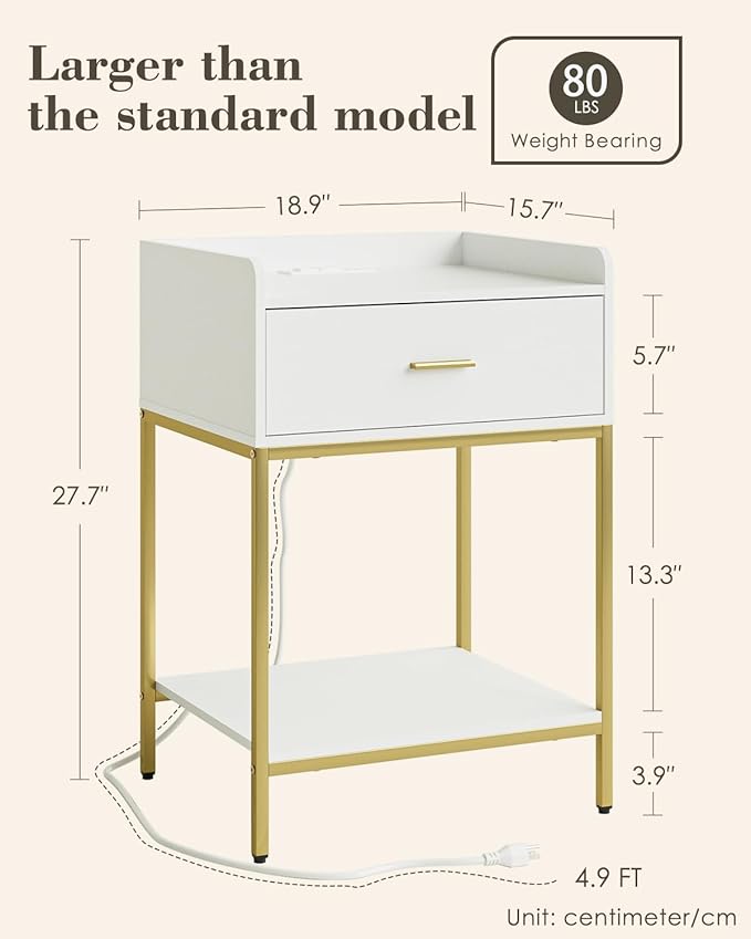 Masupu Nightstand with Charging Station, 3-Tier Modern Bedside Night Stand with Storage Drawer and Shelf, Large End Side Table for Bedroom, Living Room,White