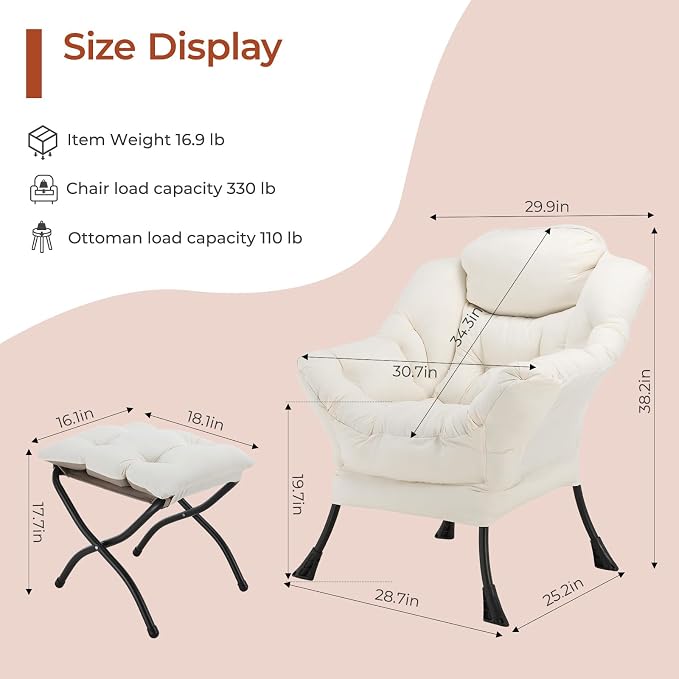 TLSUNNY Lazy Chair with Foldable Ottoman, Modern Comfy Lounge Chair, Large Sofa Armchair with Footrest and a Side Pocket, Reading Chair with Footstool for Bedroom, Living Room, Dorm (Beige)