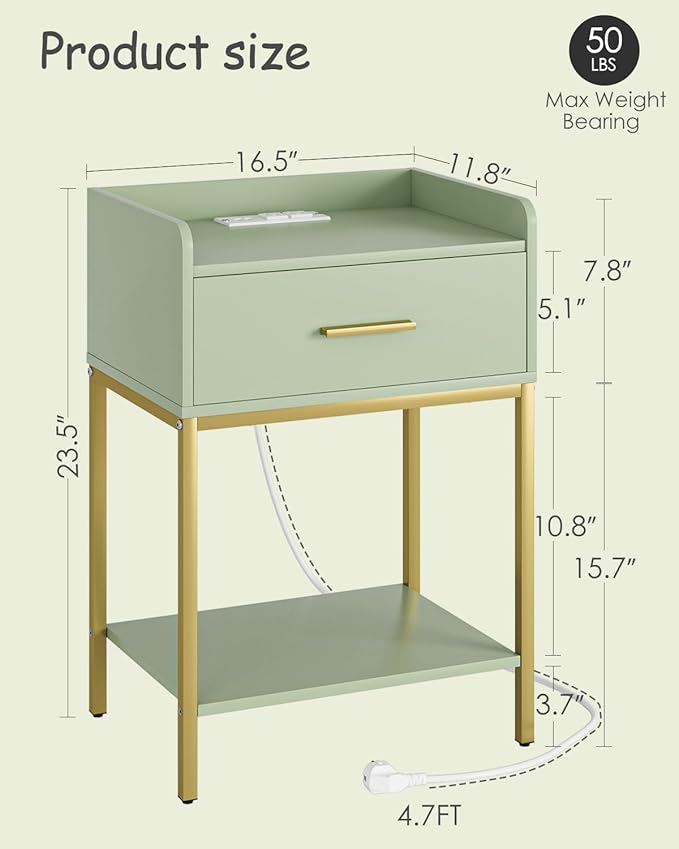 Nightstand with Charging Station,3-Tier Modern Bedside Table Night Stand with Storage Drawer and Open Shelf,Small End Side Table for Bedroom,Living Room,Green