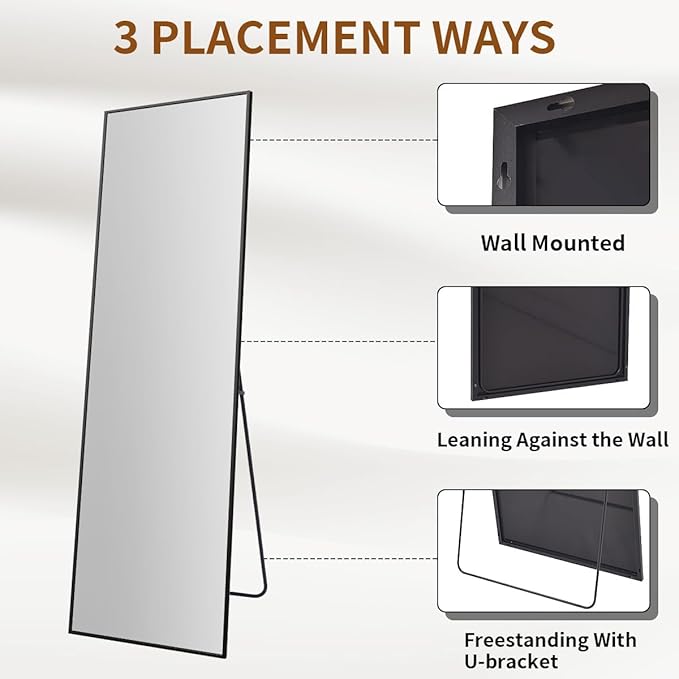 VooBang Mirror Full Length, 24" x 65" Floor Mirror with Stand, Aluminum Alloy Frame Full Body Standing Hanging or Leaning Against Wall for Bedroom and Living Room, Black