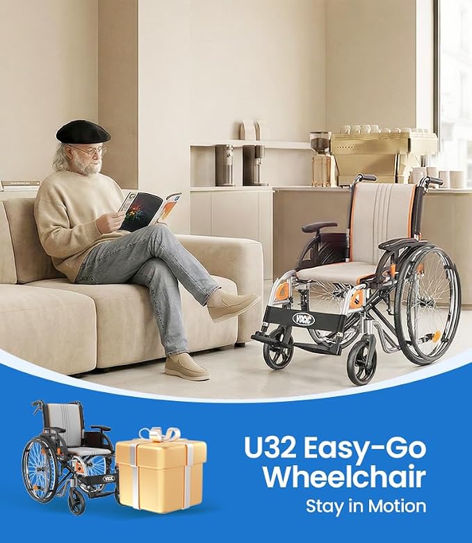 VOCIC Ultra Lightweight Wheelchair for Adults, 23lb Frame Portable Foldable Self-Propelled Wheelchairs for Seniors with Quick Release Wheels, Swing-Away Footrests,Flip-Back Arm, 300 lbs Gray