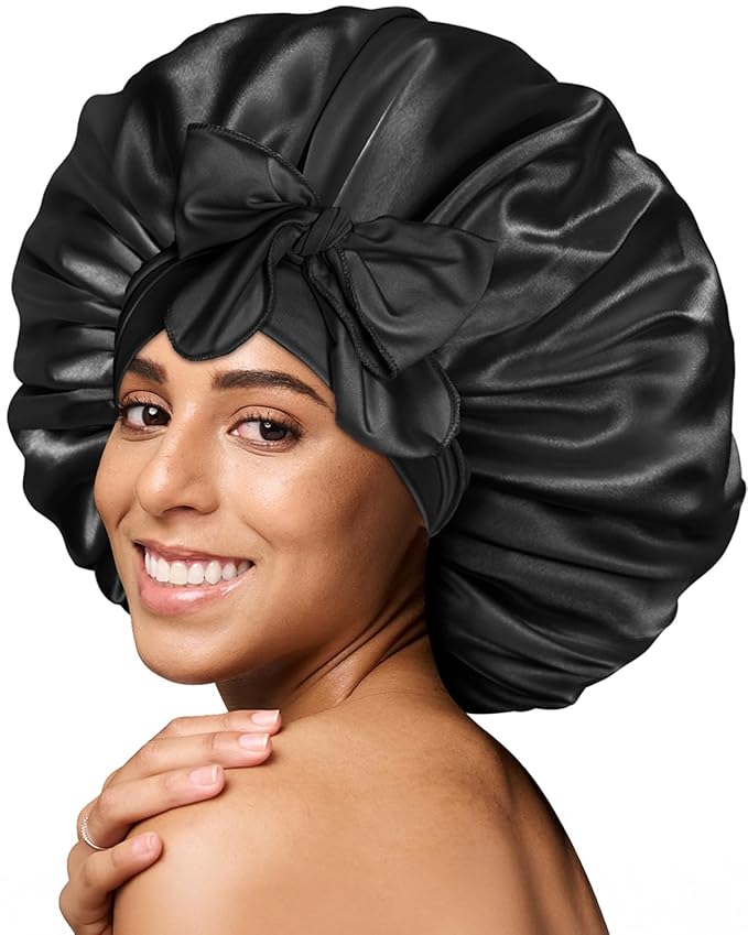 BONNET QUEEN 睡眠用シルクボンネット サテンボンネット ヘアボンネット 大きめボンネット 髪用ラップ タイバンド付きスリープキャップ 女性用 カーリーヘア 三つ編み ドレッドロックス 黒