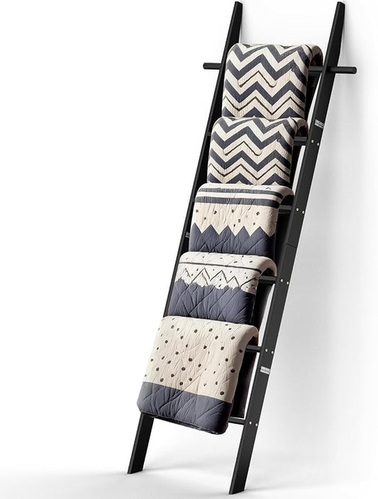 Farmhouse Wooden Blanket Ladder with Removable Hooks, 6-Tier Rustic Blanket Rack Decorative Stand, Leaning Towel Quilt Display Holder Storage for Bathroom Living Room Decor Black