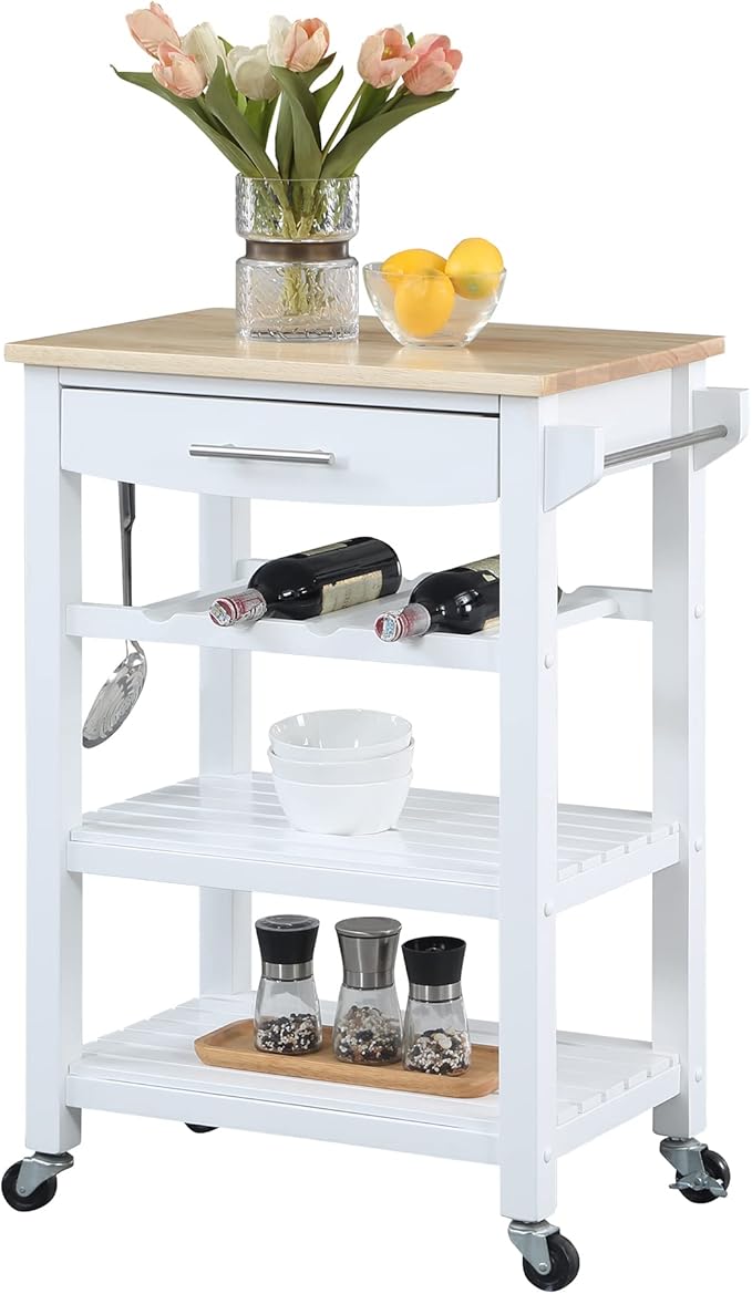 Convenience Concepts Ellaine Butcher Block Kitchen Cart 24.75" - 4 Tier Kitchen Island with Storage Drawer, Dining Room Wine Rack on Wheels, Coffee Station Table, Mobile Utility Trolley, White