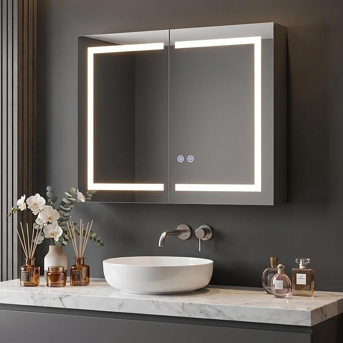 Bathroom Medicine Cabinet with Mirrors and LED Lights, 36x30 inch Bathroom Storage Cabinet, Double Doors Wall-Mounted Medicine Cabinet Organizer with Adjustable Shelves & Outlets (36x30 inch)
