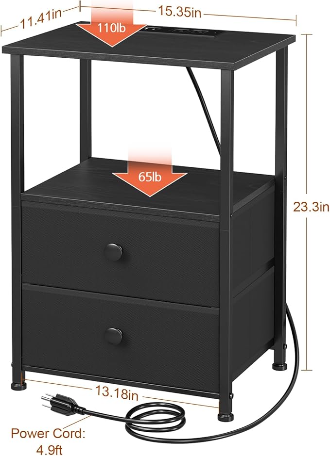 LOAKEKEL Night Stand Set 2, Black Nightstand with Charging Station, End Tables with Storage Shelf for Small Spaces, Bedside Table Side Tables with 2 Fabric Drawers for Bedroom, HETS020BK