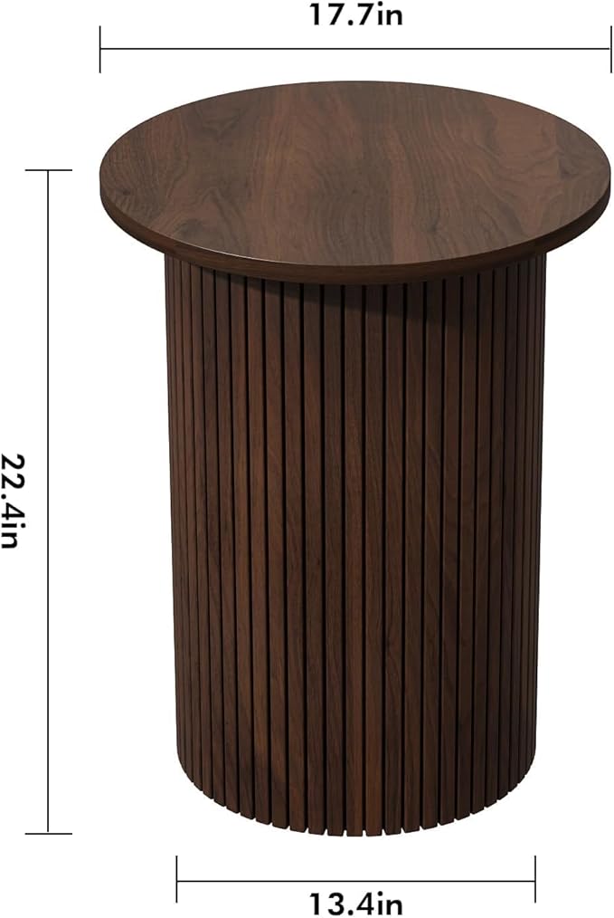 Wnutrees Round Fluted End Table, Small Accent Pedestal Side Table, Wood Fluted Nightstand Bedside Table for Living Room, Bedroom, Handcrafted Finish, Brown