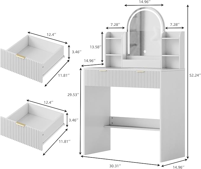 TOKSOM Makeup Vanity Desk with Mirror and Lights, White Vanity Table with 2 Drawers & Open Storage Shelves, Fluted Vanity Bedroom Makeup Dressing Table Set for Women Girls