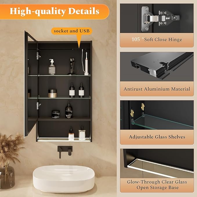 20"×34" Lighted Medicine Mirror Cabinet with Storage Adjustable Brightness 3 Color Temperature Lighting Anti-Fog Sturdy Aluminum Medicine Cabinet with Lights 2 Socket & 2 USB Ports & Adjustable Shelf