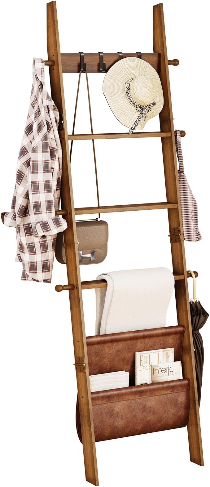 ELYKEN Blanket Ladder for Living Room, 5-Tier Wooden Towel Rack with Synthetic Leather Pocket, 4 Removable Hooks, Decorative Leaning Ladder Shelf for Bedroom, Walnut