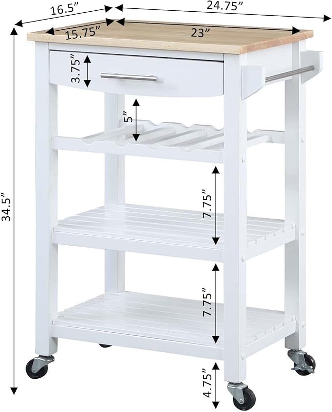 Convenience Concepts Ellaine Butcher Block Kitchen Cart 24.75" - 4 Tier Kitchen Island with Storage Drawer, Dining Room Wine Rack on Wheels, Coffee Station Table, Mobile Utility Trolley, White