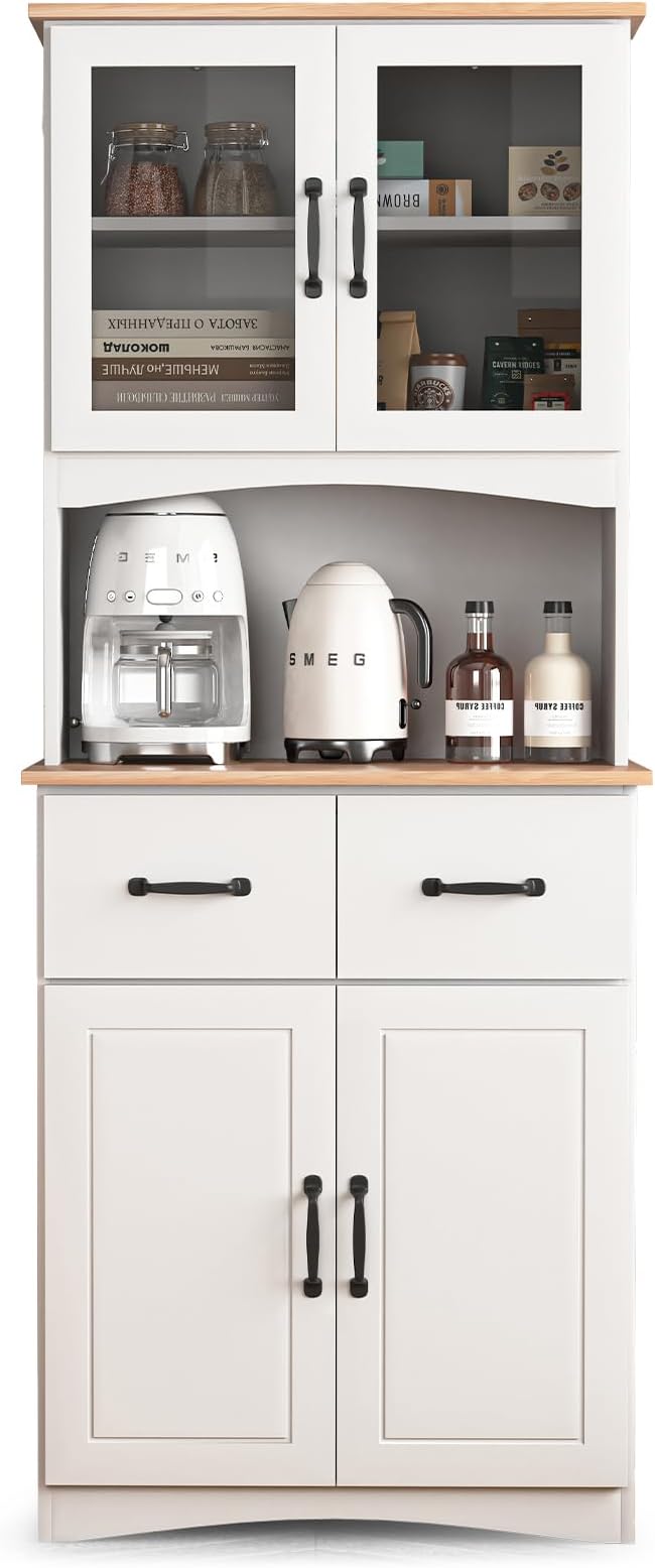 67" Kitchen Pantry Cabinet with Glass Doors & Drawers, Adjustable Shelves, Anti-Tip, Space-Saving Microwave Stand for Small Kitchens