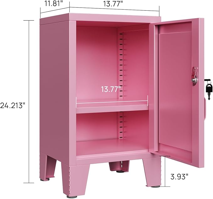 ALBAD Metal Nightstand with Lockable Cabinet, Compact Mini Locker Bedside Table for Kids & Adults, Modern Steel Side Table for Bedroom, Dorm, or Living Room (Pink)