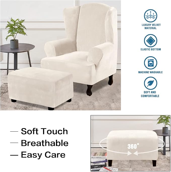 H.VERSAILTEX Ottoman Covers Slipcover Rectangle Real Velvet Plush 1 Piece Form Fit Stretch Folding Storage Covers Ottoman Slipcovers Removable Footrest Covers Elastic Bottom Washable(Large, Ivory)