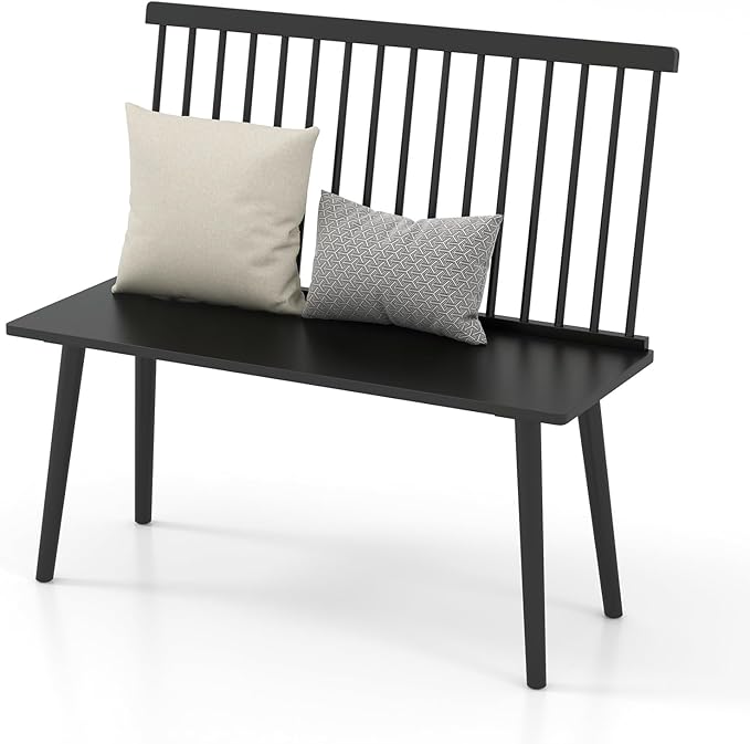 Giantex Dining Bench with Back, Black Windsor Bench with Spindle Back & Anti-Slip Foot Pads, Farmhouse Rubber Wood Dining Bench, Indoor Wooden Entryway Bench for Living Room, Dining Room, Hallway