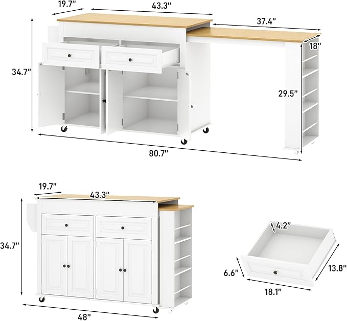 80"-48" Extendable Kitchen Island with Extended Dining Table and Power Outlet,Large Mobile Kitchen Storage Islands with 2 Storage Drawers,Rolling Islands Cart with 3 Extra Rows Open Shelves(White)