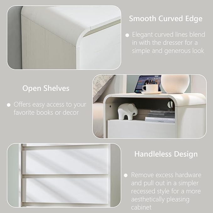 Aitjunz 25" Tall Modern Nightstand with Charging Station, 23.6'' Wide Wood Bedside Table w/2 Storage Drawers, Large Mid Century End Table for Bedroom, Living Room, Curved Profile Design, White