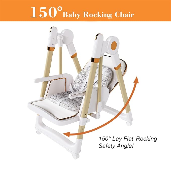 Foldable Baby High Chair with 150° Swing & Recline,Convertible High Chairs for Babies and Toddlers,5 Height Levels,3 Backrest & Footrest Positions,Removable Double Tray,Lockable Wheels (White)