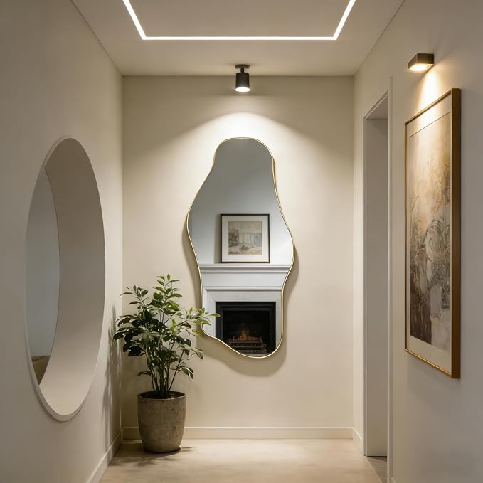 Large Irregular Mirror, 55"x25.6" Asymmetrical Aesthetic Mirror with Gold Metal Frame, Modern Organic Mirrors for Living Room Bedroom Hallway Entryway, Horizontal or Vertical Hanging