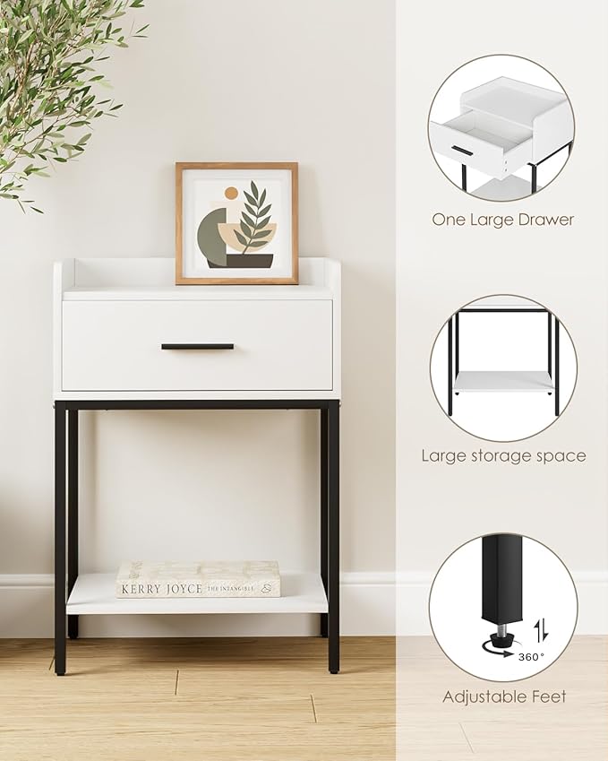 Nightstand, Modern Bedside Table with Drawer and Legs,White and Black Night Stand with Open Shelf, Narrow Side Table for Bedroom, Living Room