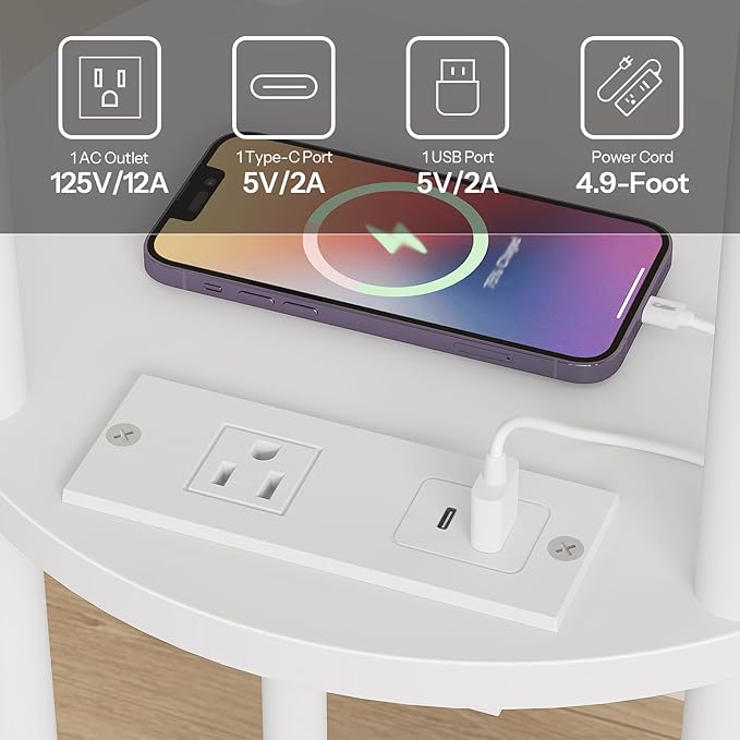 HOOBRO Small Round Side Table with Charging Station, 3-Tier Round Bamboo End Table, Compact Sofa Bedside Table for Small Space, Easy Assembly, for Living Room, Bedroom, Apartment, White WT152UBZ01