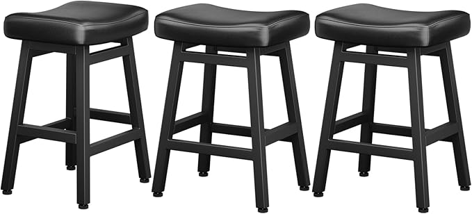 Raynesys Counter Height Bar Stools Set of 3, 24 Inch Barstools for Kitchen Counter, Kitchen Stools with Bonded Leather Saddle Seats & Heavy Duty Metal Legs, Easy Assembly, All Black