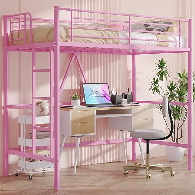 VECELO Loft Bed Twin Size, Metal Bedframe with Removable Ladder and Safety Guardrail, No Box Spring Needed, Space Saving, Noise Free, Light Pink