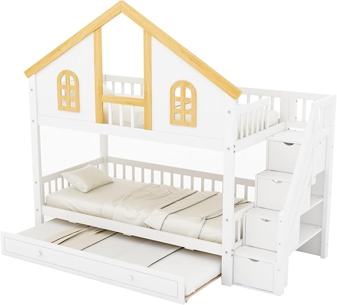 Twin Over Twin Bunk Bed with Trundle and Storage Stairs, House Triple Bunk Castle Bed with Roof and Windows, Bookshelf, Space Saving for Kids, Boys, Girls, Adults, White