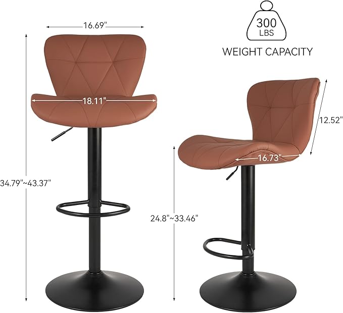 Nalupatio Modern Bar Stools Set of 4, Faux Leather Upholstered Swivel Bar Stools, Adjustable Counter Height Bar Chairs with Back for Kitchen Island, Rust