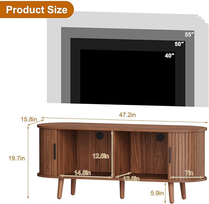 Mid Century Modern TV Stand, 47.2" Media Console Entertainment Center with 4 Storage Compartments & Sliding Doors, Bedroom TV Cabinet for ups to 55 Inch Tvs (Walnut)