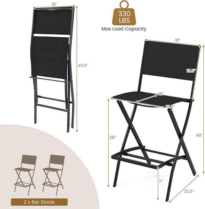COSTWAY Outdoor Patio Bar Chair Set of 2, Folding Counter Height Stool with Metal Frame & Footrest, Patio Bar Stool for Balcony, Garden & Poolside (2, Black)