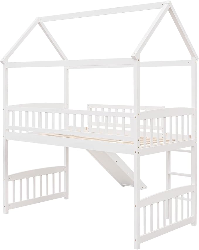 House Loft Bunk Bed Frames with Slide No Box Spring Needed for Teens, Girls or Boys