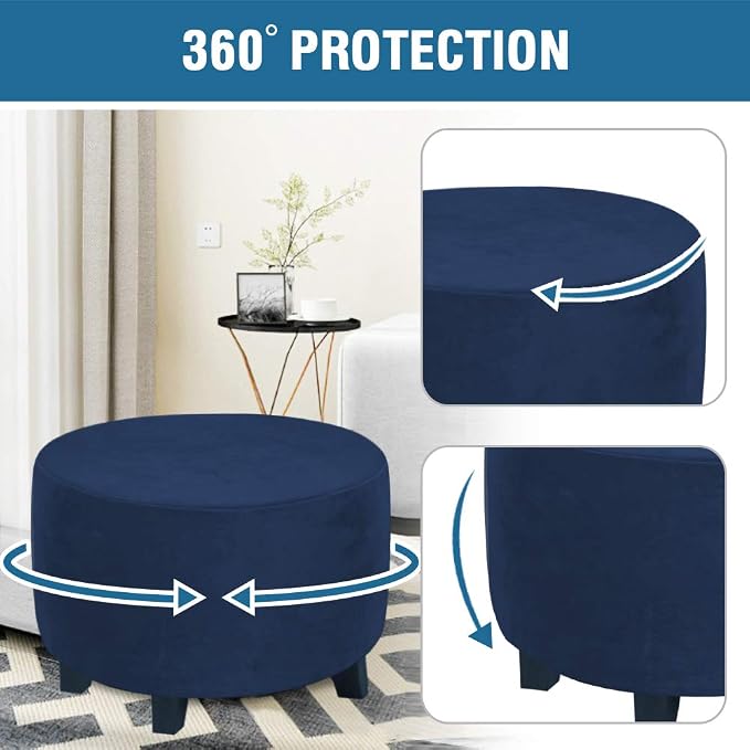 H.VERSAILTEX Round Ottoman Slipcover Ottoman Covers Slipcover Footstool Protector Covers Storage Stool Ottoman Covers Stretch with Elastic Bottom, Feature Real Velvet Plush Fabric (Medium, Navy)