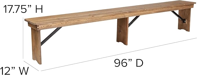Flash Furniture Hercules Series 8' x 12' Commercial Grade Rustic Solid Pine Folding Bench, Antique Farmhouse 3 Leg Dining Bench, Seats up to 4 Adults