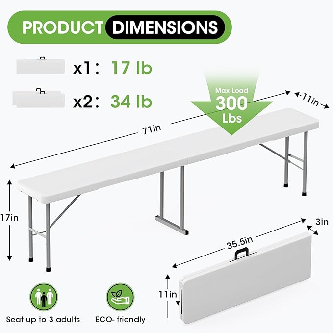 HLPB Folding Bench 6 ft, Foldable Plastic Bench with Handle and Smooth HDPE Tabletop, Protable in/Outdoor Picnic Party Camping Dining Seat, 2 Pack, White