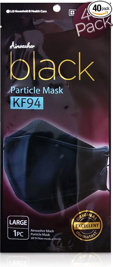 [Airwasher] KF94使い捨てフェイスマスク - 韓国製、ブラック通気性再利用可能フェイスマスク、個別包装4層調節可能布マスク、40枚入り