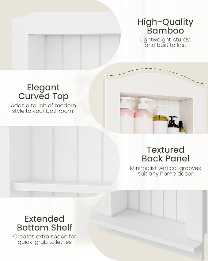 CHOEZON Recessed Wall Niche, 2-Tier Recessed Medicine Cabinet, Bathroom Cabinet Wall Mount, Bamboo Medicine Organizer, Wall Storage Cabinet, for Bathroom, Living Room, Kitchen, White