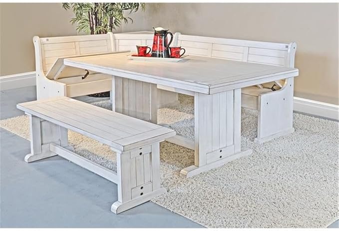 Pemberly Row 75" x 56" Farmhouse Wood Breakfast Nook Set with Table, Storage, Reversable Benche, L-Shaped Corner Bench, for Dining Room, in Marble White Finish