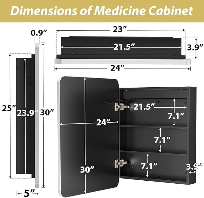 APRILSOUL 24x30 Inch Lighted Bathroom Medicine Cabinet with Mirror, Silver Recessed or Surface Mount Medicine Cabinet Mirror with Storage and LED Lights, 3 Colors Temperature, Dimmable Light